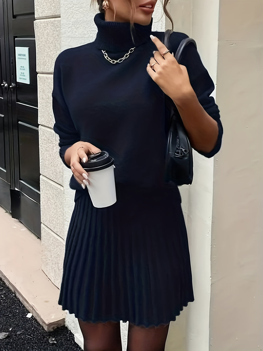 High-Neck Sweater Pleated Skirt Two-Piece Set Women Elegant Drop Shoulder Long Sleeve | Chic Knit Top + Pleated Skirt Co-Ord for Fall Winter Office & Daily Wear