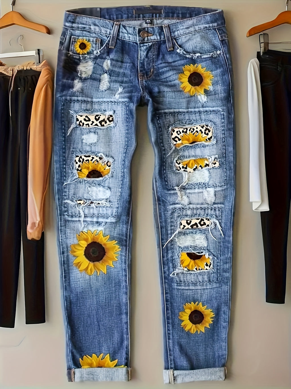 Floral Print Denim Jeans Women Slim Fit Stretchy Vibrant Flower Design Elegant Casual Spring Fall Jeans S-XXL