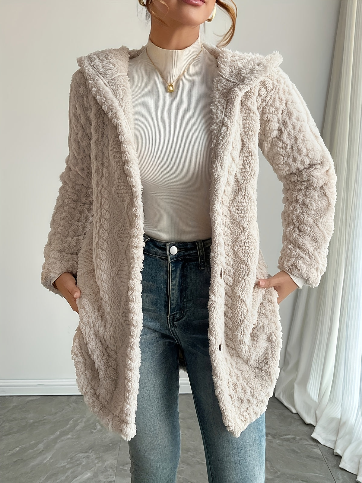 Hooded Fuzzy Coat Women Mid-Length Jacket with Buttons Soft Warm Fleece Fall Winter Outerwear 5 Colors S-XXL