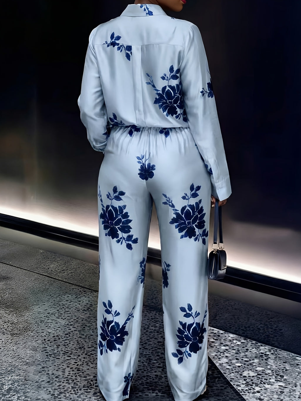 Women's 2 Piece Set Printed Long Sleeve Top & Wide Leg Pants Retro Socialite Style Evening Party Casual Matching Outfit