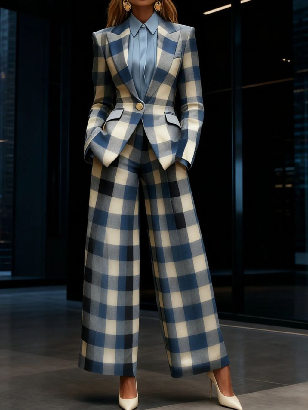 Women's 2pcs Plaid Wide Leg Pants Suit Waist Cinched Slim Fit Professional Blazer Set Workplace Business Casual Outfit
