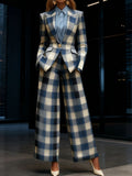 Women's 2pcs Plaid Wide Leg Pants Suit Waist Cinched Slim Fit Professional Blazer Set Workplace Business Casual Outfit