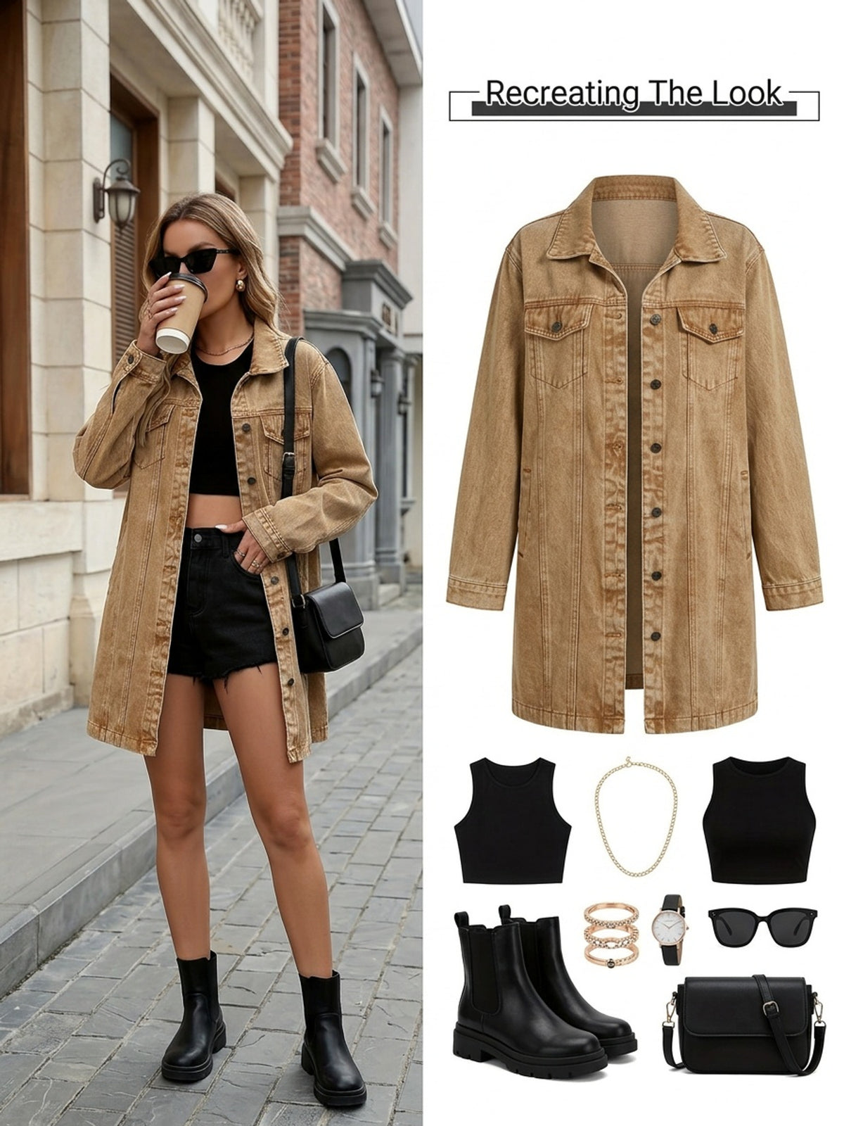 Khaki Vintage Washed Denim Jacket Women Mid-Length Lapel Long Sleeve Spring Fall Winter Casual Streetwear Sophisticated Outerwear