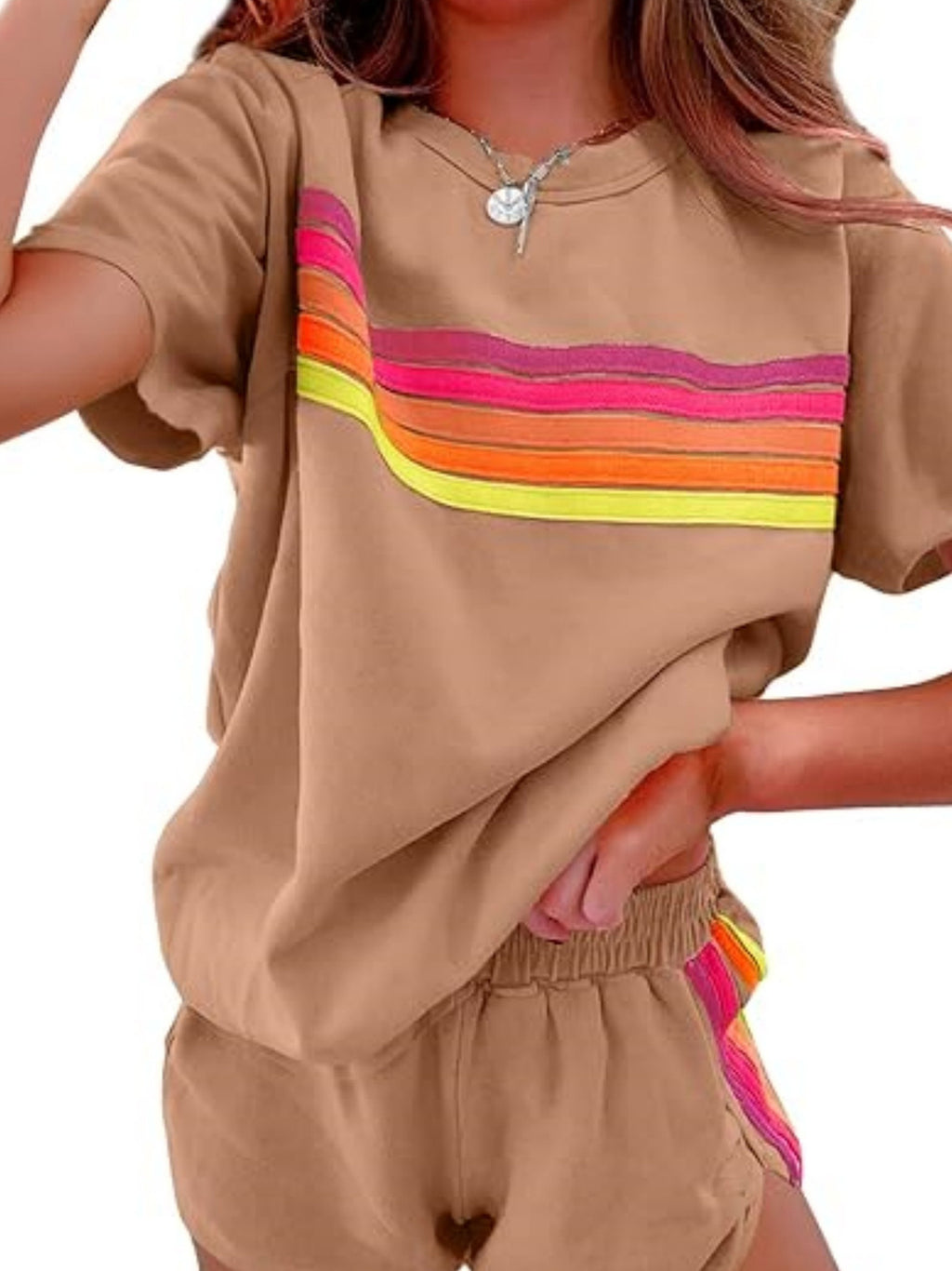 Color Block Shorts 2 Piece Set Women Chic Matching Outfit Top & Shorts White Blue Pink Brown Casual Summer