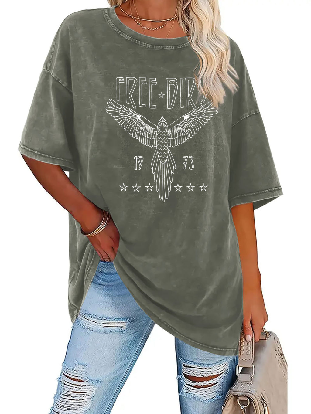 Women's Free Bird Graphic T-Shirt Washed Retro Round Neck Short Sleeve Thick 230g Street Style Casual Tee