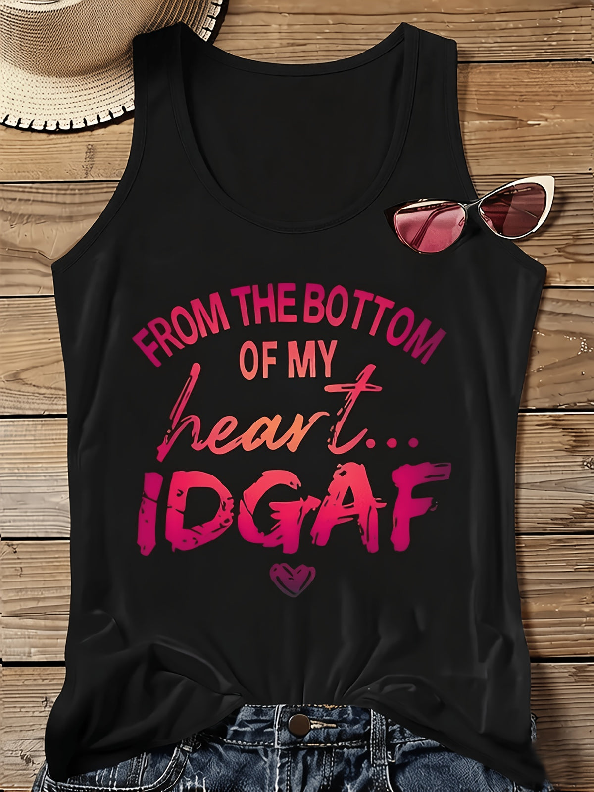 Ombre Slogan Print Sleeveless Vest Top Women Round Neck Tank Top Casual Graphic Tee Loose Fit Summer Streetwear Black S-XXL