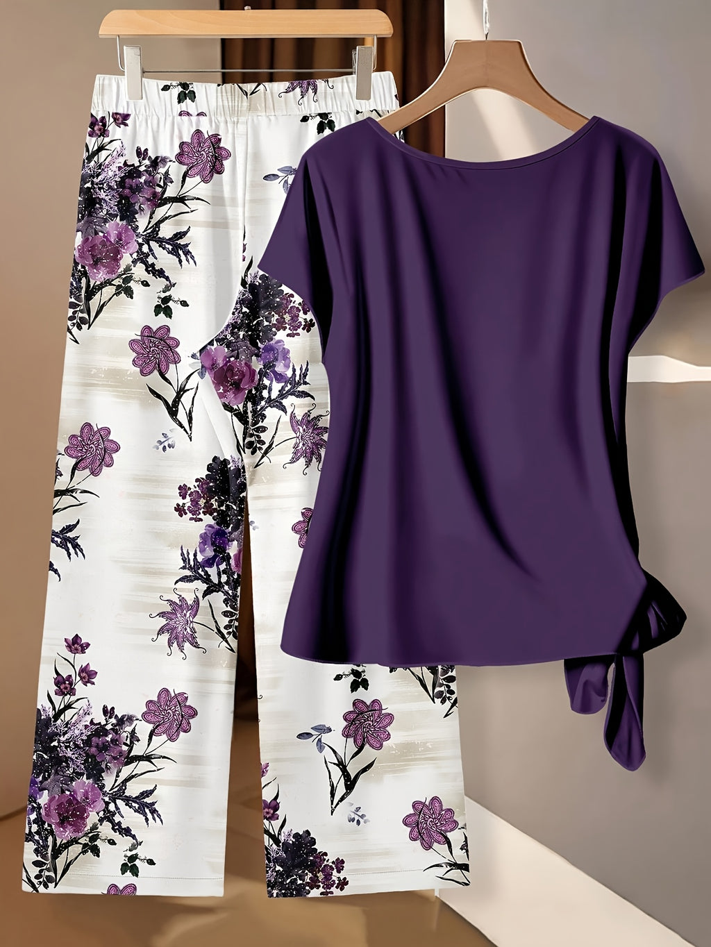 Women's 2 Piece Set Purple Floral Lace-Up Bow Short Sleeve Top & Straight Loose Trousers Casual Summer Matching Outfit