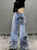 Women's Mid Rise Wide-Leg Jeans 3D Floral Applique Pearl Pendant Chain Light Blue Relaxed Fit Casual Fashion All-Season Denim Pants