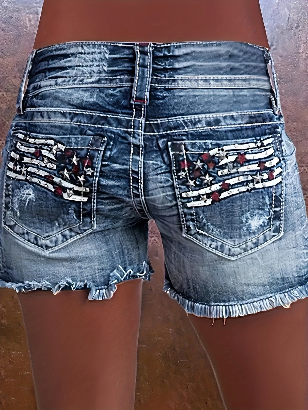 Stretch Denim Shorts for Women - Retro Color Block Embroidery Mid Rise Slim Fit, Built-In Zipper Machine Washable Cotton Blue Casual Jean Shorts for Spring Summer