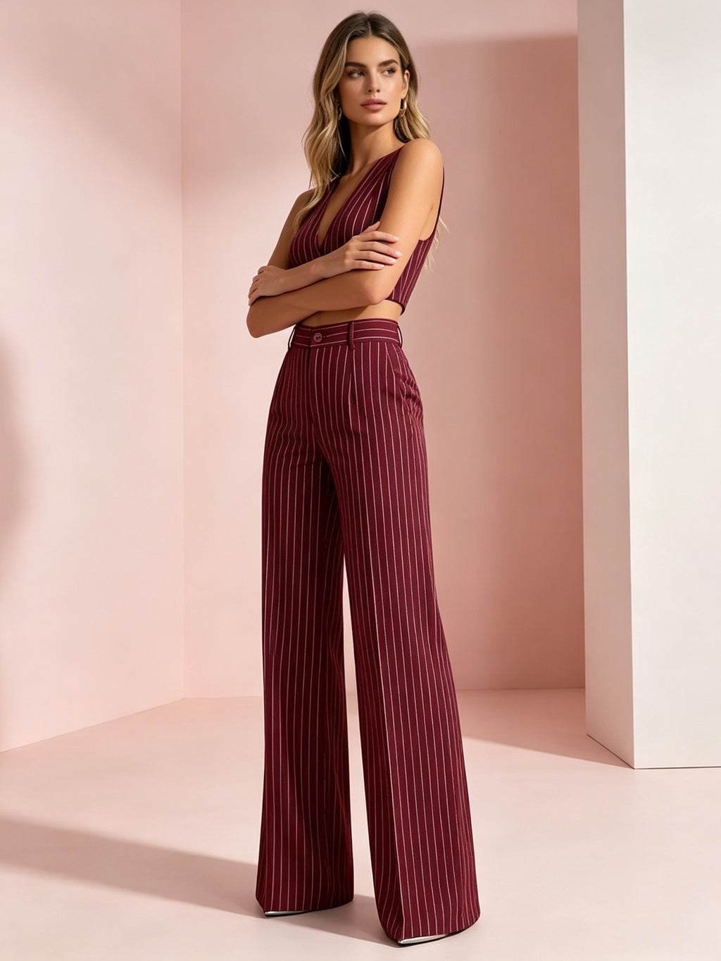 Striped Wide Leg Pants 2 Piece Set Women - High Waist Loose Fit Elegant Casual Outfit with Asymmetrical Pockets, All Season Polyester Machine Washable Work & Daily Fashion Set