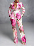 2pcs Floral Print Suit Set for Women Slim Fit Blazer and Flared Pants Matching Outfit Party Retro Social Event Dark Pink S-XXL