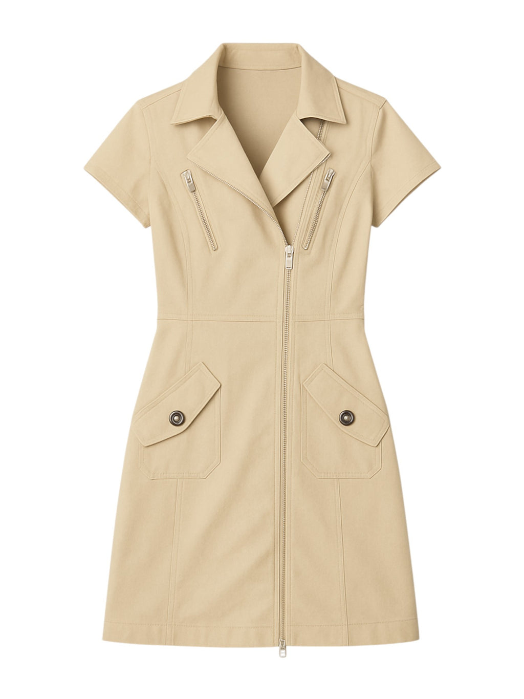 Zip Up Utility Dress Women Short Sleeve Notched Collar Zippered Pockets Elasticized Waist Tailored Casual Work Weekend Shirt Dress Lightweight