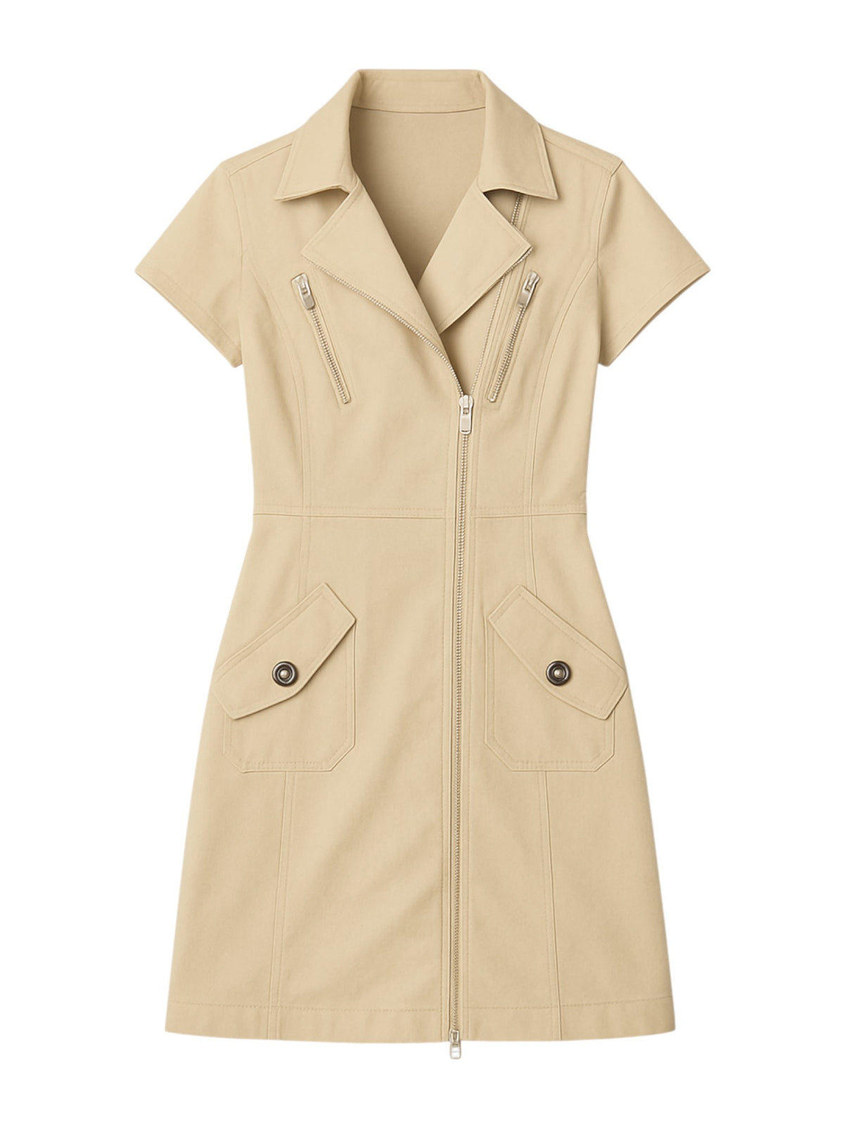 Zip Up Utility Dress Women Short Sleeve Notched Collar Zippered Pockets Elasticized Waist Tailored Casual Work Weekend Shirt Dress Lightweight
