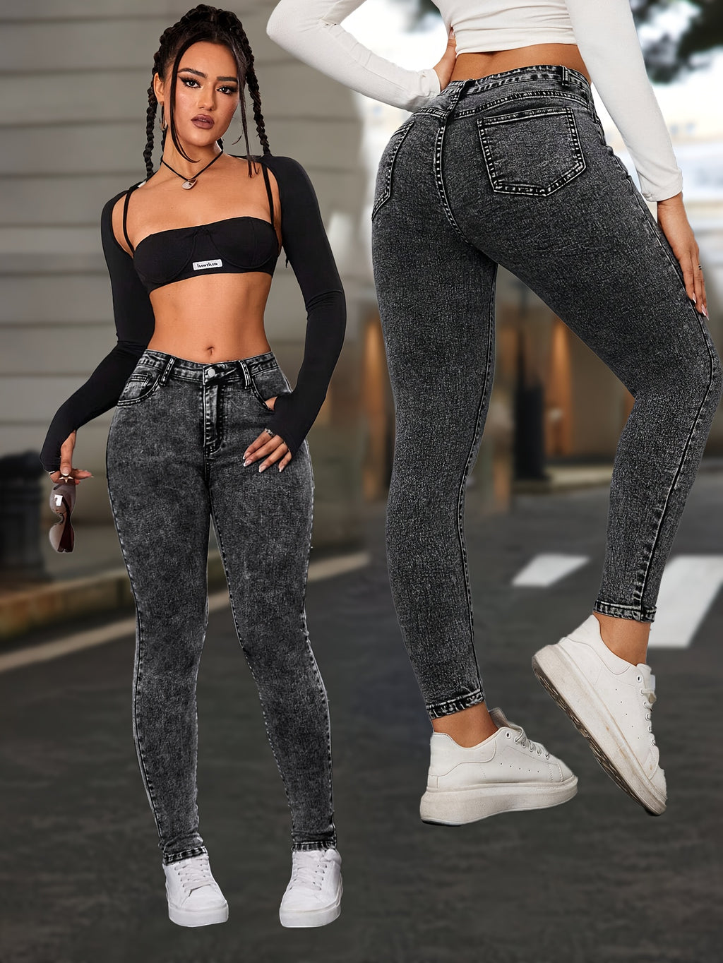 Black Distressed Hem Skinny Jeans Women High Waist Stretch Denim Pants Y2K Vintage Casual Street Style Button Fly Comfortable Elastic Fabric Fashion Trousers XS-XXL