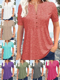 V-Neck Pleated Blouse Women Short Sleeve Button-Up Solid Color Summer Casual Flowy Top S-XL