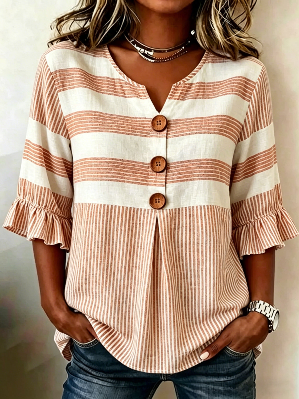 Striped V-Neck Blouse Women Ruffle 3/4 Sleeve Loose Fit Tunic Top Lightweight Linen Button Detail Summer Shirt S-2XL