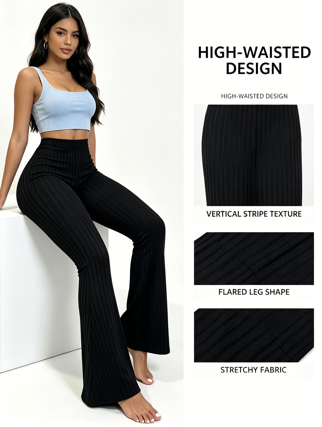 High Waist Flare Leg Pants Women 3-Pack Ribbed Stretchy Bootcut Curvy Black Gray S-XXL