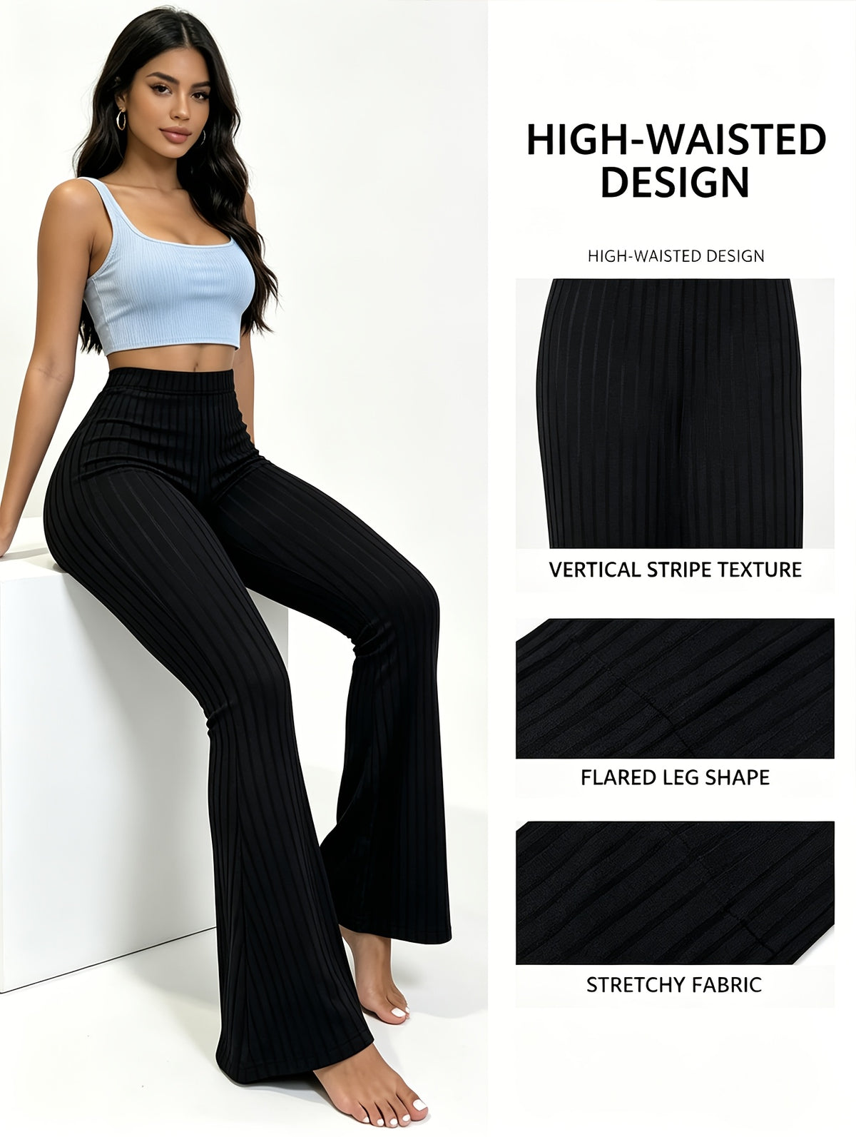 High Waist Flare Leg Pants Women 3-Pack Ribbed Stretchy Bootcut Curvy Black Gray S-XXL