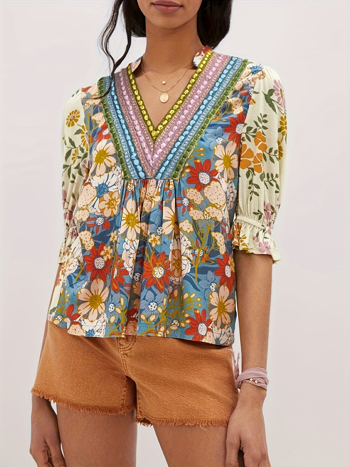 Crochet Boho Floral Blouse for Women | Multicolor V-Neck Puff Sleeve Top | Bohemian Floral Print Blouse | Chic Spring Summer Women's Shirt with Ruffle Detail