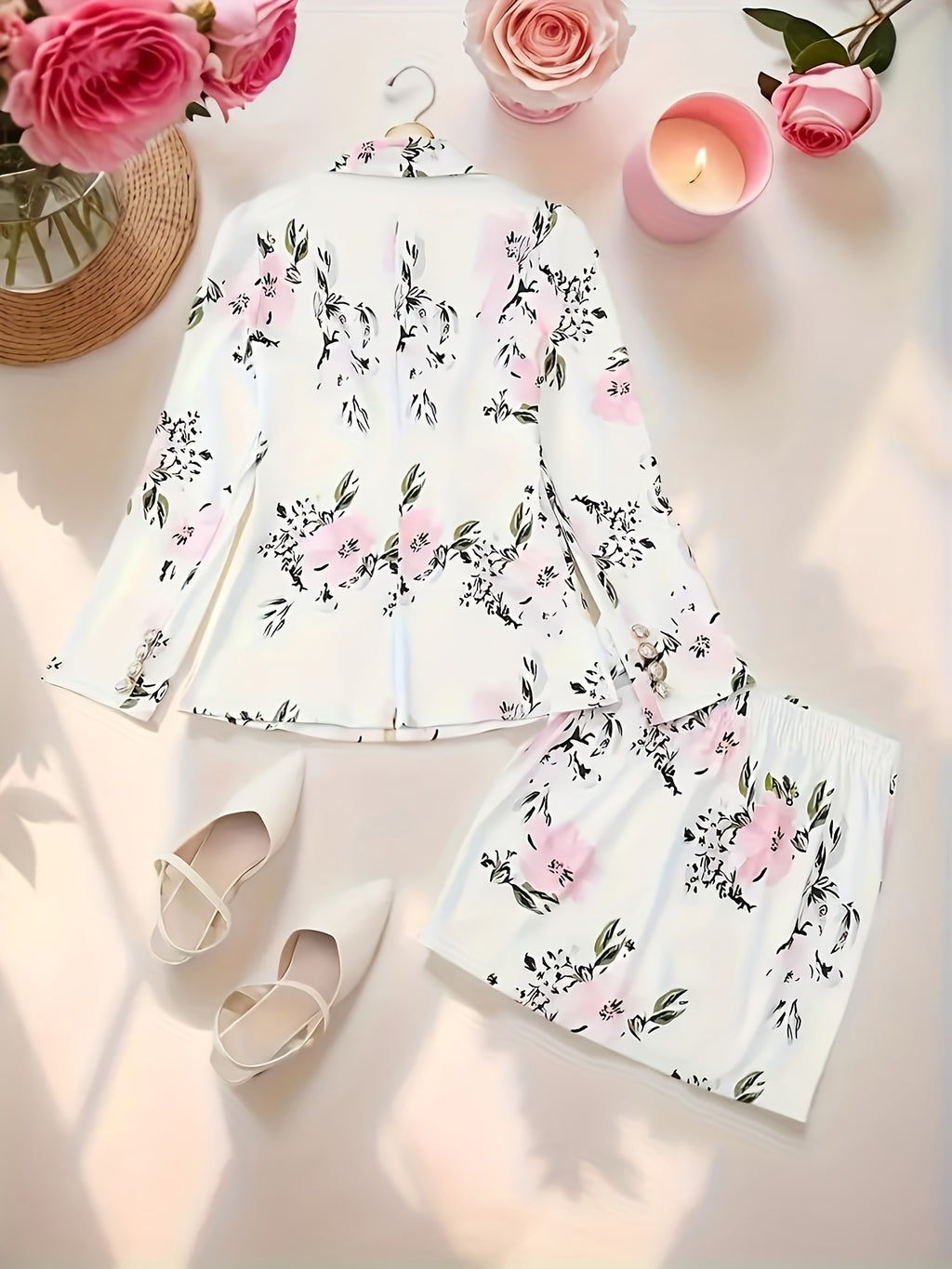 Women's Floral Print 2pcs Suit Set Double Breasted Blazer & Bodycon Skirt Elegant Lapel Office Party Stretch Matching Outfit