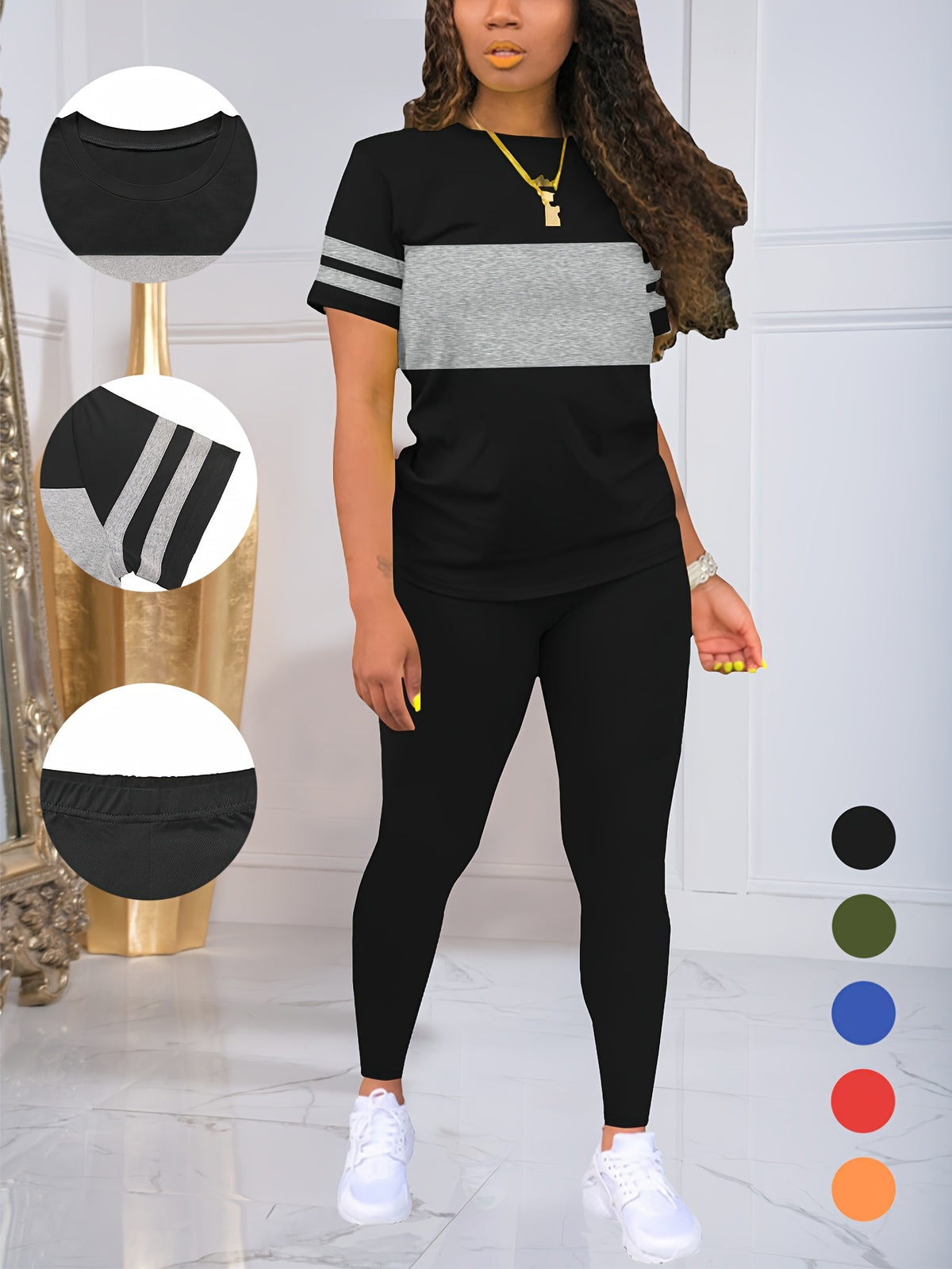 Women's 2-Piece Tracksuit Set Round Neck Color Block Top and Leggings S-XXL Multiple Colors