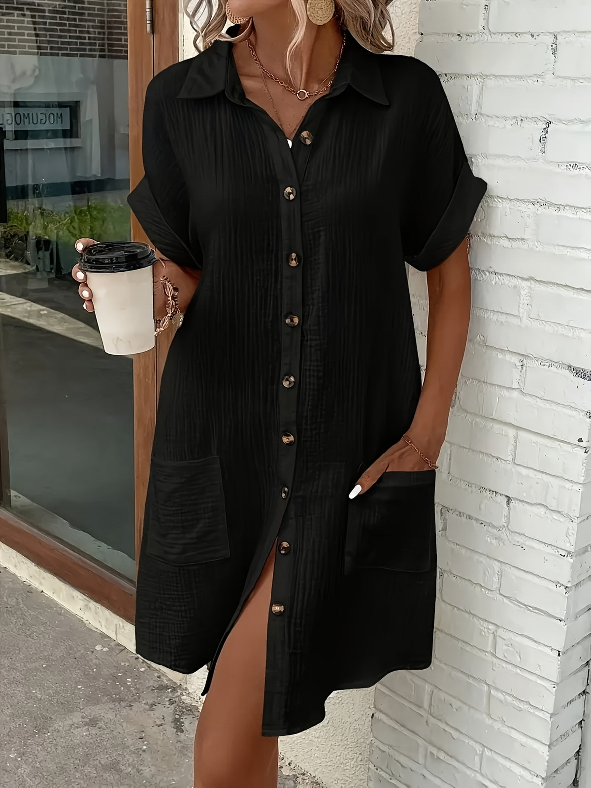 V-Neck Button Shirt Dress Women Short Sleeve Casual All-Season Lightweight Collar Dress