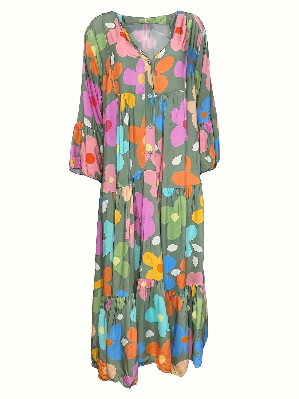 Floral Print Boho Maxi Dress Women V-Neck Layered Tiered Hem 3/4 Ruffle Sleeves Loose Fit Button Closure A-Line Long Dress Spring Summer S-XXL