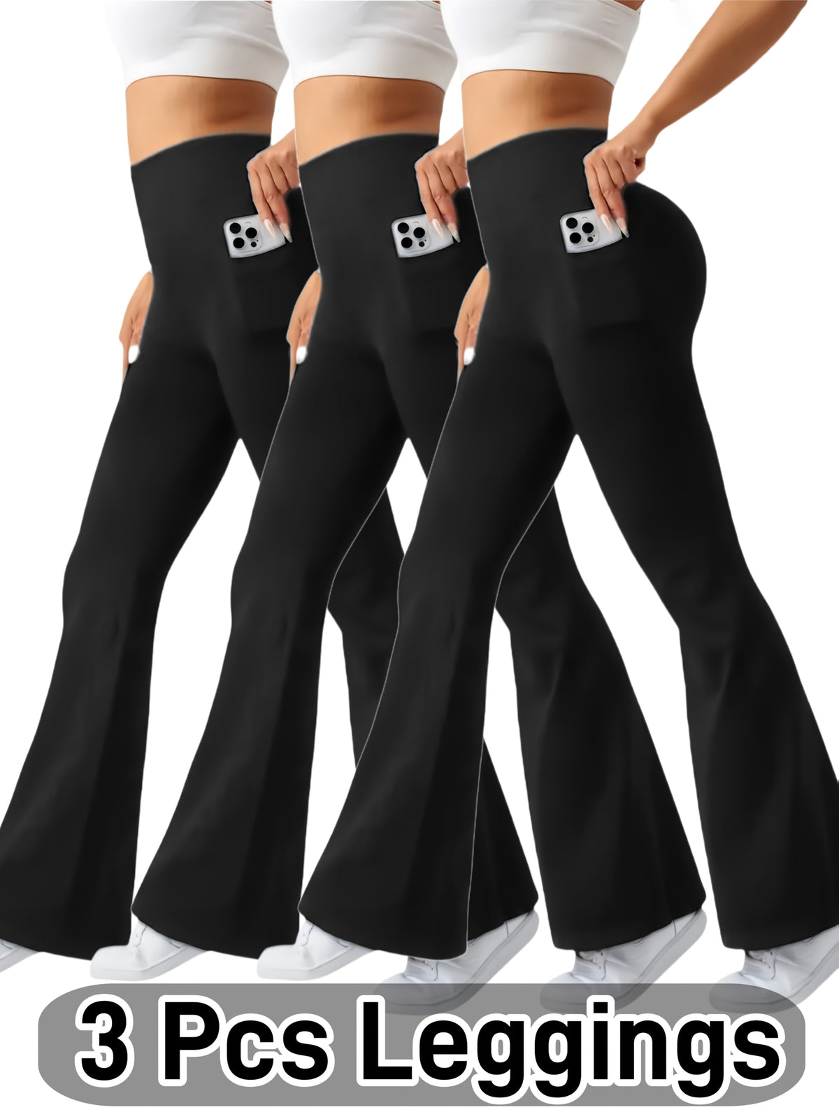 Flare Leggings with Pockets Women 3 Pack Ultra Soft High Waist Tummy Control Bootcut Stretch Pants 4 Colors All Season S-XXL