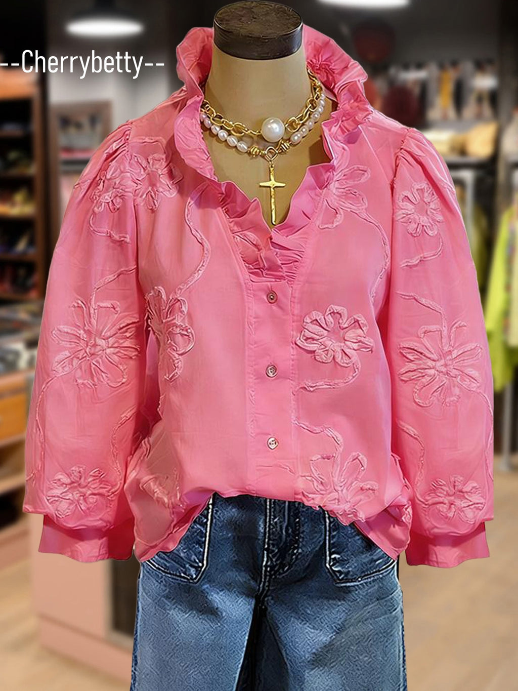 3D Flower Embroidered Puff Sleeve Blouse Women Ruffle Neck Elegant Top | Chic Party Shirt Summer Easter St. Patrick's Day Outfit White Pink S-XXL