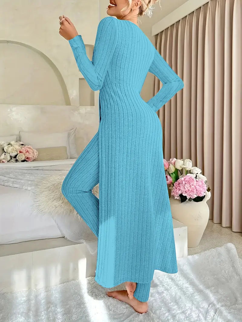 Heavyweight Fleece Lounge Set Women Oversized Long Sleeve Wide-Leg Pants Cozy Winter Two-Piece Ribbed Minimalist S-XL