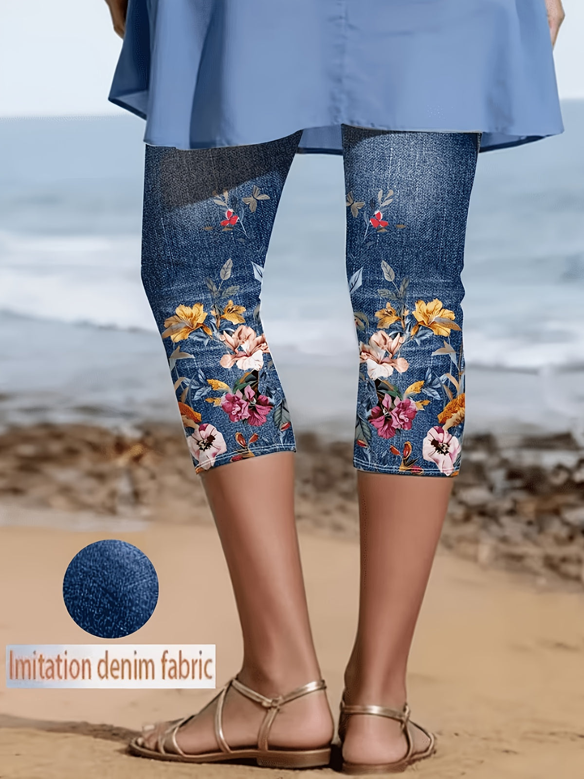 Faux Denim Print Capri Leggings for Women – Imitation Denim Floral Pattern 3/4 Length, Mid-Stretch Knit, Elegant Party Vacation Commute, 5 Colors S-XXL