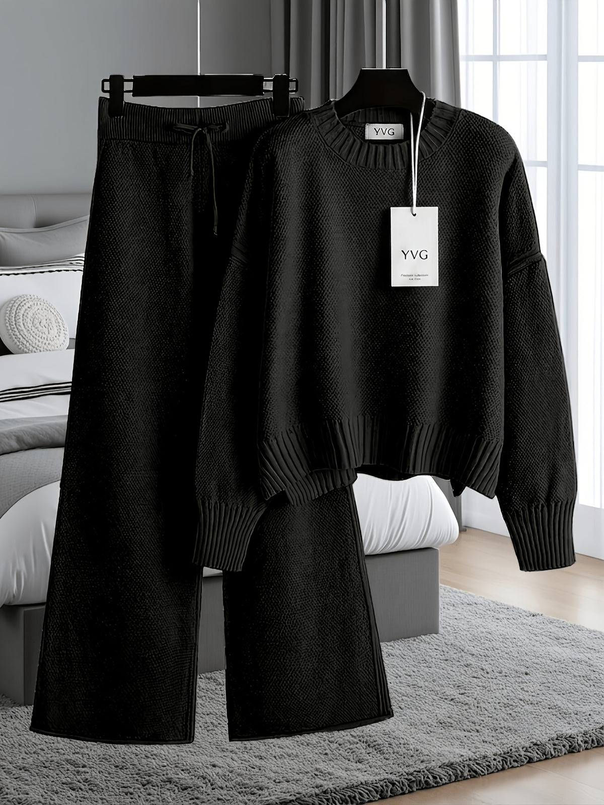 Waffle Texture Two-Piece Set Women Long Sleeve Hoodie High Waist Wide Leg Pants Casual Loose Retro Fall Tracksuit Set S-XXL