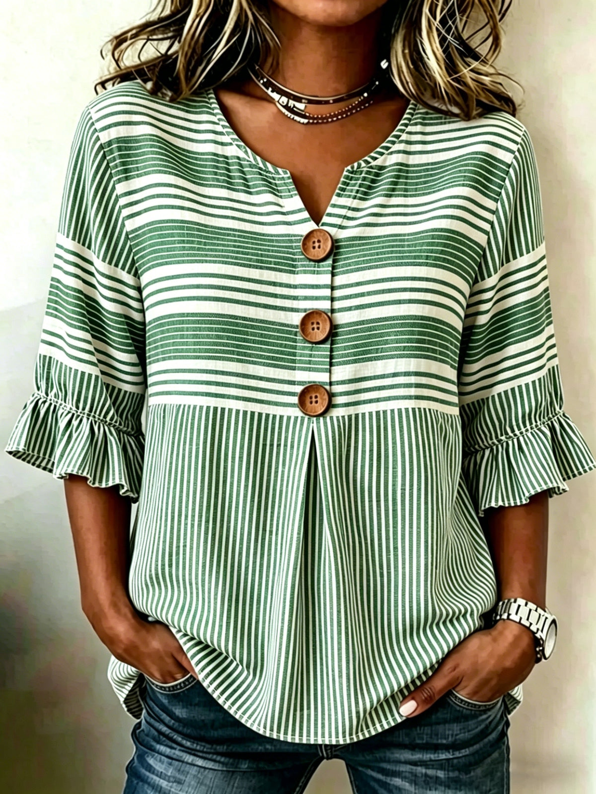 Striped V-Neck Blouse Women Ruffle 3/4 Sleeve Loose Fit Tunic Top Lightweight Linen Button Detail Summer Shirt S-2XL