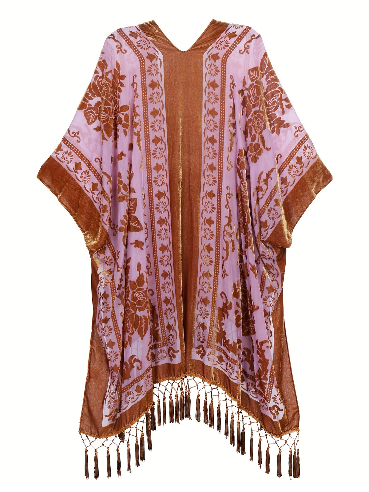 Boho Burnout Velvet Kimono Women Long Cardigan Cover Up Tassel Floral Embroidered One Size