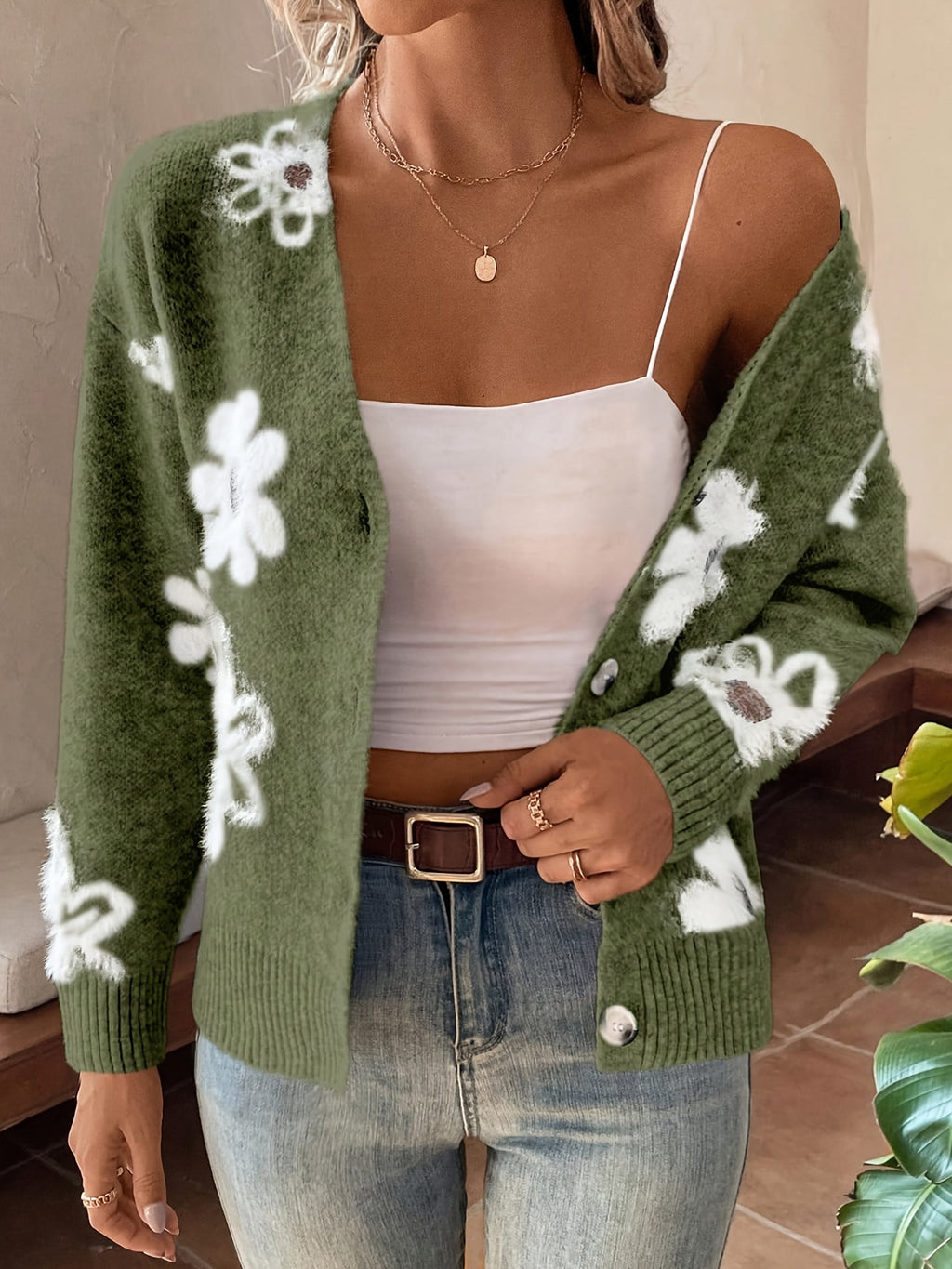 Womens Printed Button Cardigan V Neck Drop Shoulder Loose Coat Casual Knit Layering Top Blue Pink Green Grey Khaki S-XL
