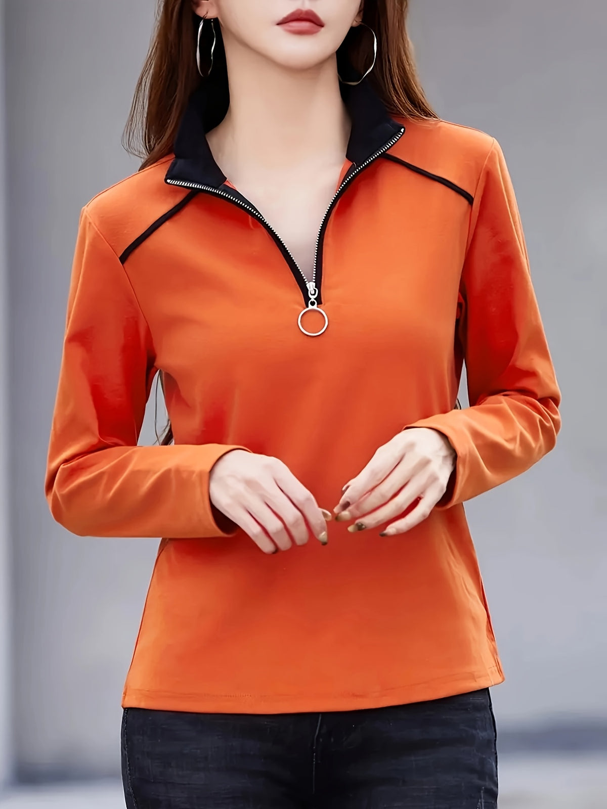 Zipper Collar Blouse Women Elegant Metal Zipper Accent Solid Color Stretchy Casual Formal Spring Summer Top S M L XL XXL