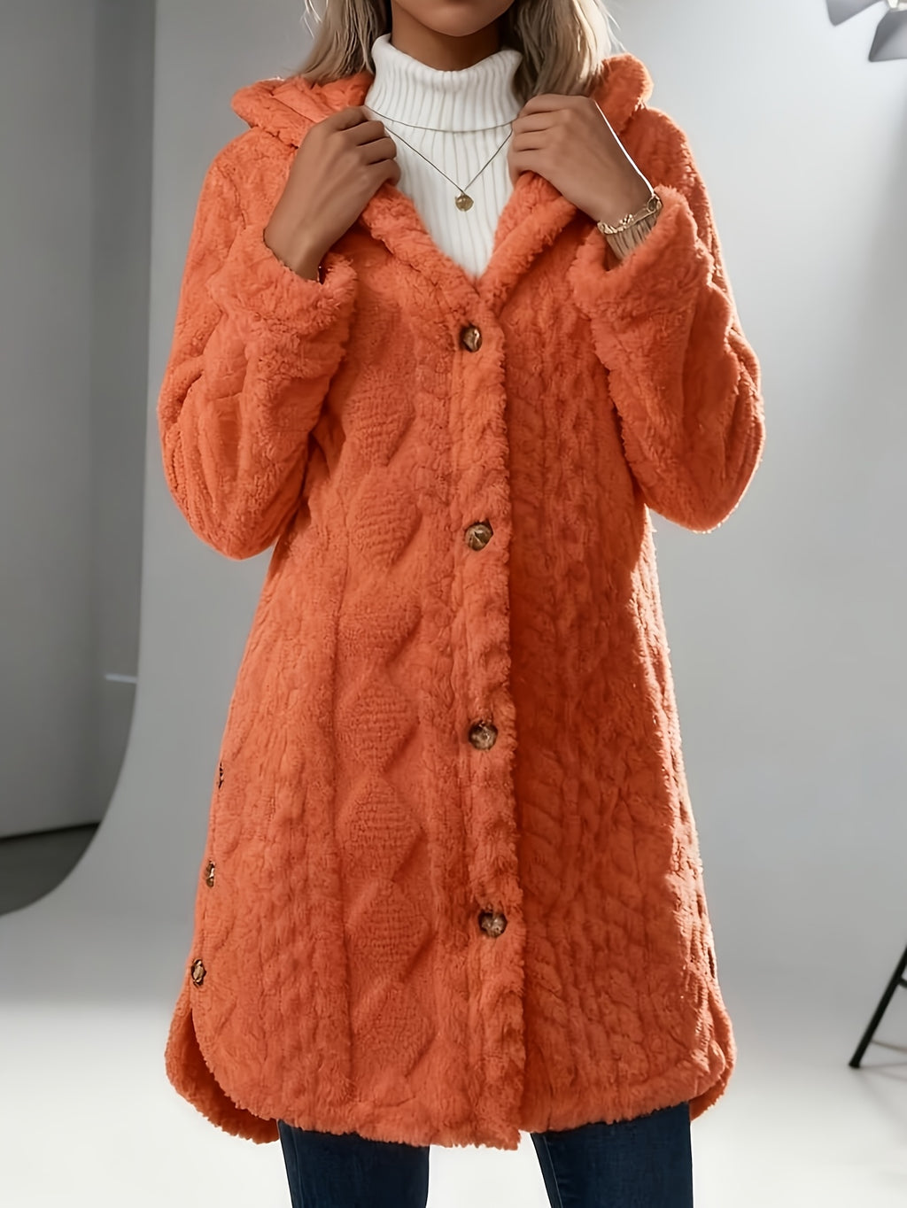 Hooded Fuzzy Coat Women Mid-Length Jacket with Buttons Soft Warm Fleece Fall Winter Outerwear 5 Colors S-XXL