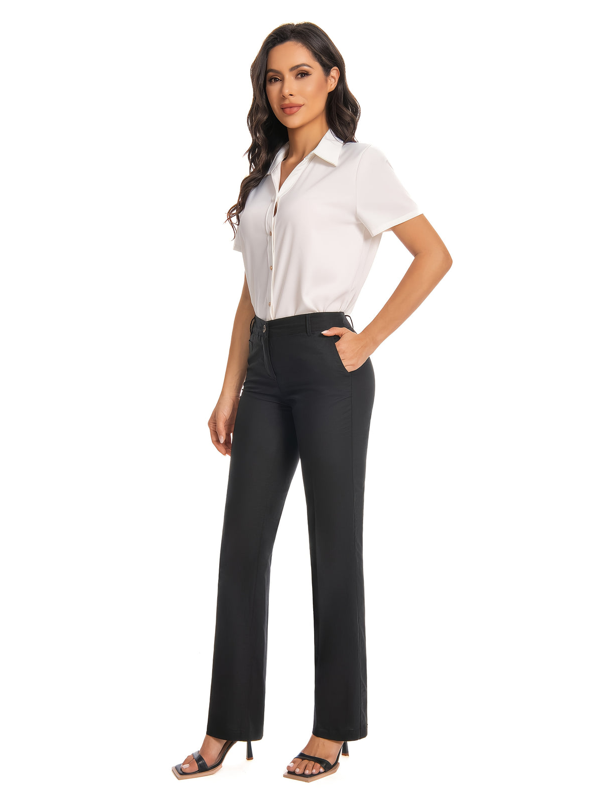 Black High Waist Straight Leg Pants for Women – Stretch Work Trousers with Pockets, Zipper Fly, Cropped Office Casual Travel Daily Wear, Polished Slim Silhouette All Season