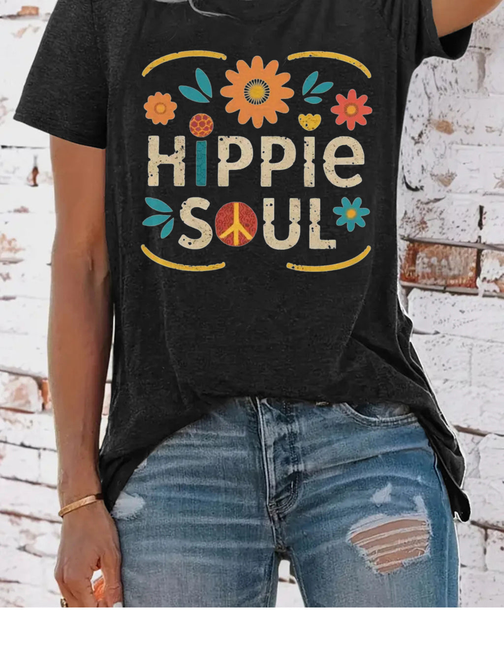 Hippie Soul Boho Graphic Tee Women Vintage Floral Print Festival Casual Comfortable Blend T-Shirt 5 Colors S-XXL