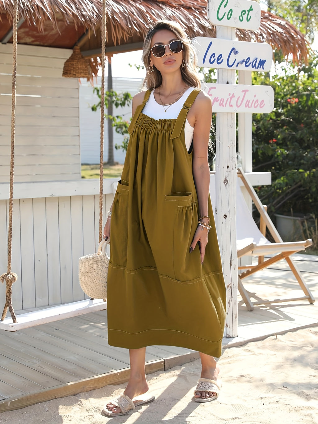Overall Dress Women Loose Adjustable Strap Midi Length Big Pockets Workwear Casual Bib Jumper Dress Spring Summer S M L XL XXL
