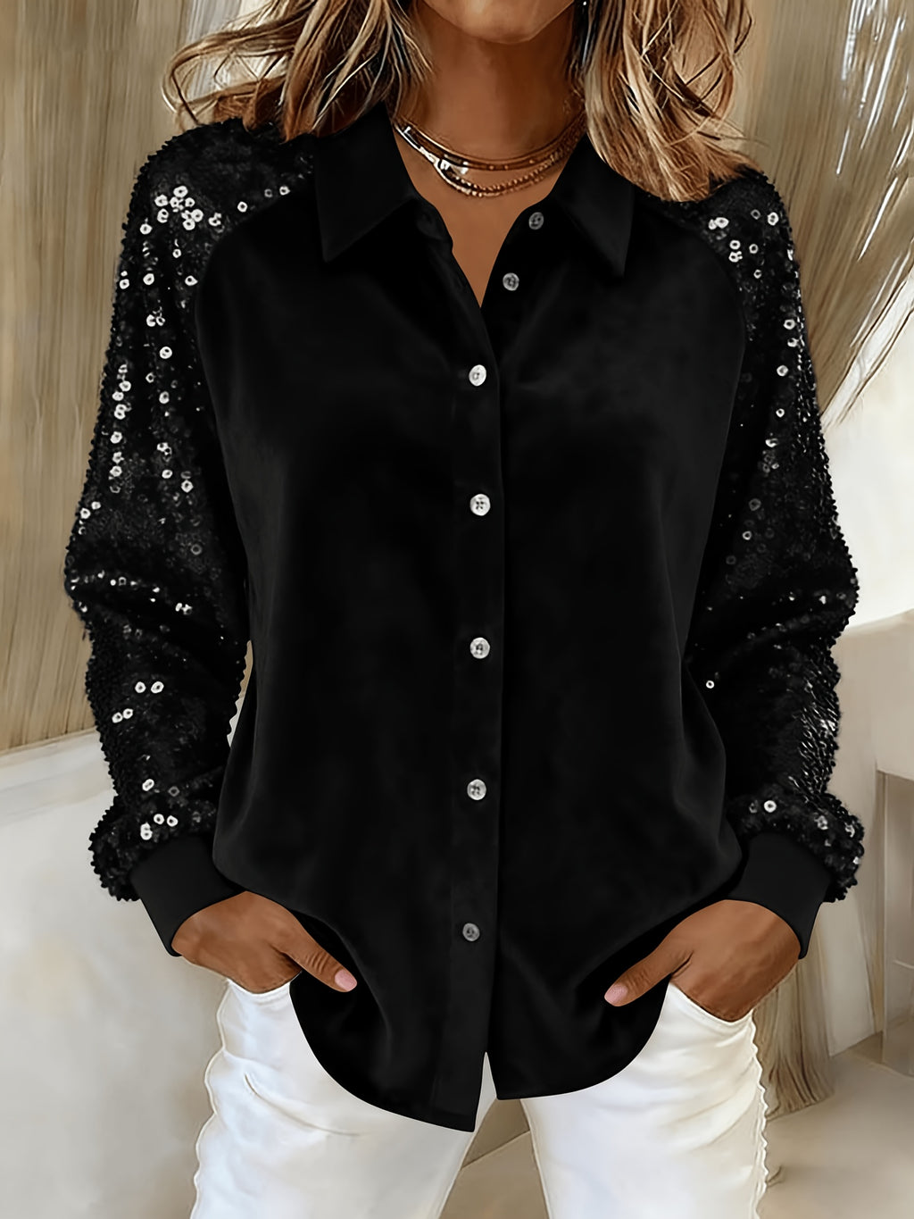 Sequin Sleeve Velvet Top Women Lapel Collar Long Sleeve Patchwork Loose Shirt Chic Solid Color Spring S-XL