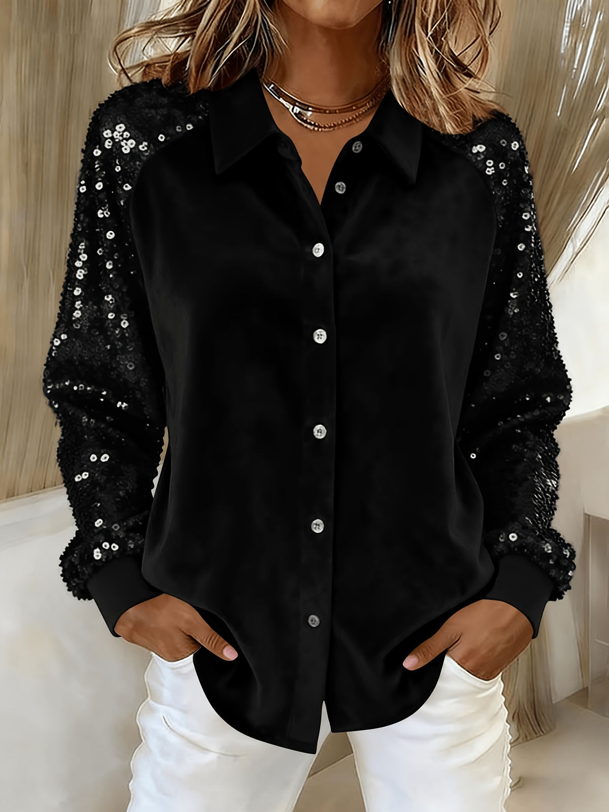 Sequin Sleeve Velvet Top Women Lapel Collar Long Sleeve Patchwork Loose Shirt Chic Solid Color Spring S-XL
