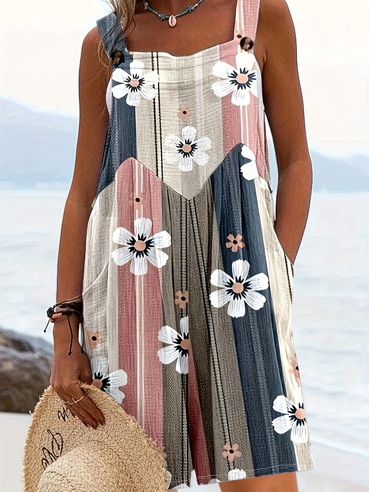 Women Short Sleeve Floral Striped Jumpsuit Square Neck Button Front Pockets Vacation Beach Spring Summer Multicolor XS-M