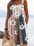 Women Short Sleeve Floral Striped Jumpsuit Square Neck Button Front Pockets Vacation Beach Spring Summer Multicolor XS-M