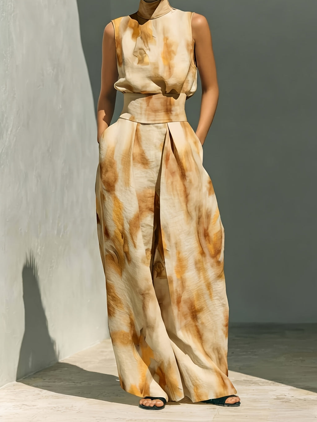 Tie-Dye Print High Neck Sleeveless Top and Wide-Leg Pants 2-Piece Set Street Style Casual S-XXL