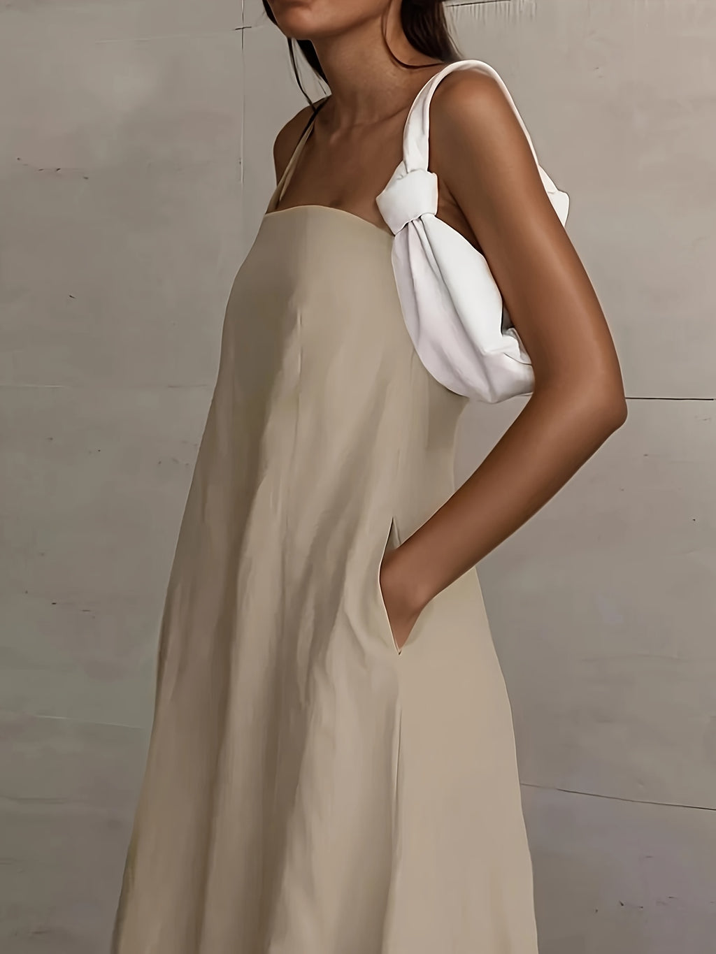 Linen Strapless Backless Long Dress for Women High Waist Patchwork Pocket Solid Color Lightweight Casual Vacation Maxi Dress Spring Summer