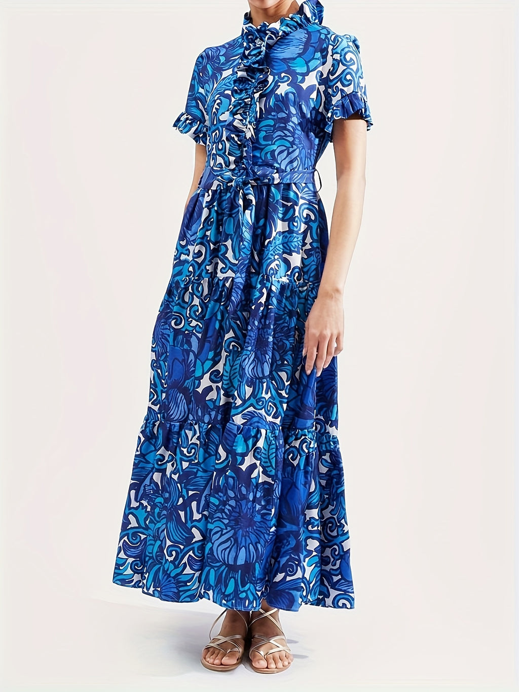 Floral Print Maxi Dress Women V-Neck Ruffle Chest Belted Waist Tiered Skirt with Pockets | Blue Yellow Short Sleeve Summer Dress