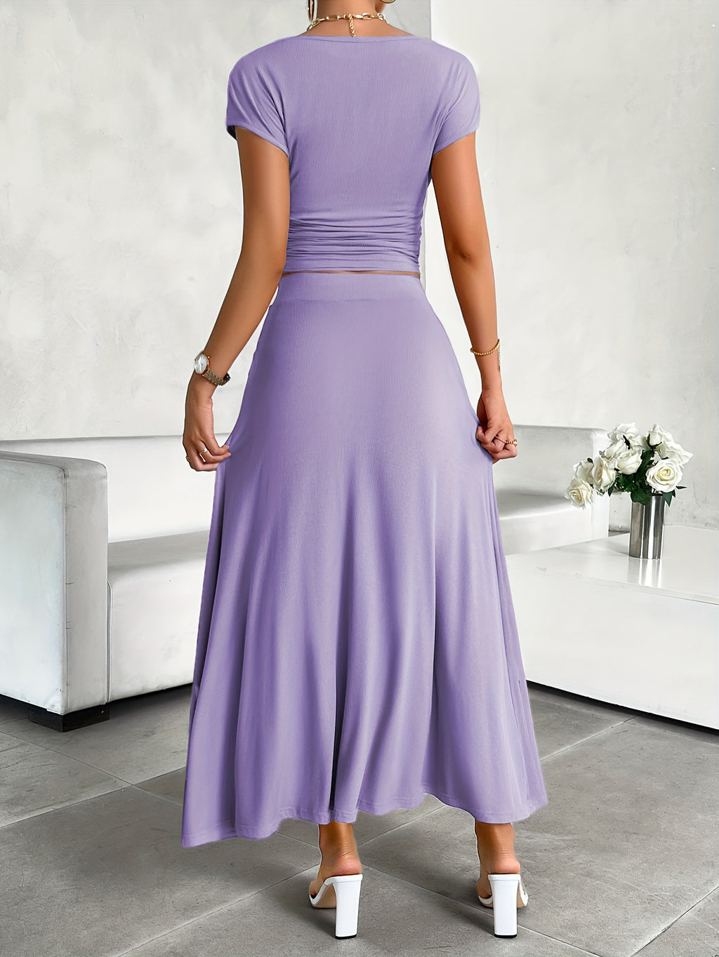 Women's 2pcs Lounge Set Crew Neck Short Sleeve Crop Top & Elastic Waist Maxi Skirt Soft Stretch Casual Summer Vacation Matching Outfit