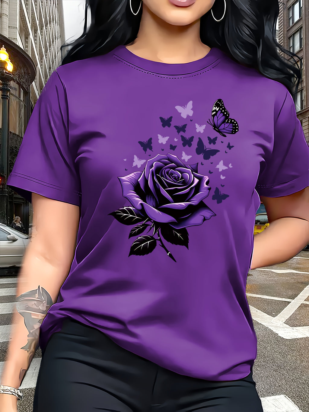 Women's Butterfly Rose Print T-Shirt Casual Crew Neck Short Sleeve Breathable Spring Summer Graphic Tee