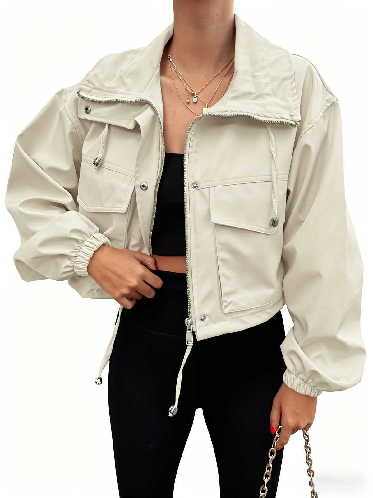 Cropped Jacket Women Zip Up Lightweight Oversized Drop Shoulder Utility Anorak Coat with Pockets Casual Streetwear Black Pink Apricot Navy White Green Khaki S-XXL